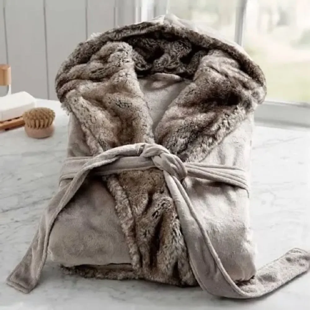 Ombre Tipped Faux Fur Robe, Large, Gray/Caramel